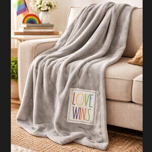 Rae Dunn Love Wins Throw Blanket Gray Plush Patch 50x60 Soft Cozy Pride Rainbow